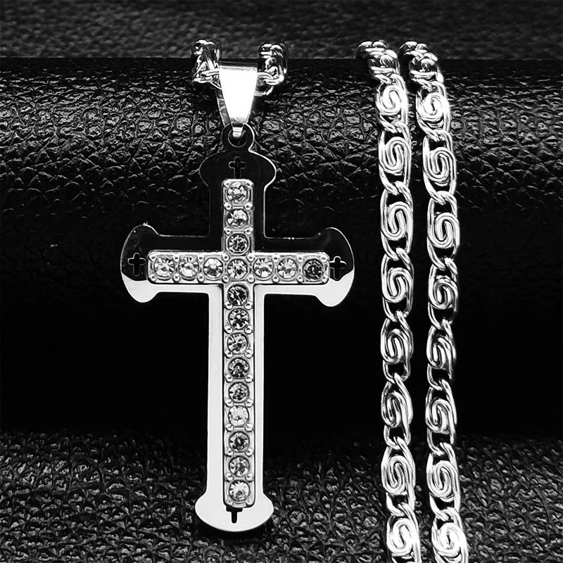 Silver Catholic cross pendant with crystals and byzantine chain necklace