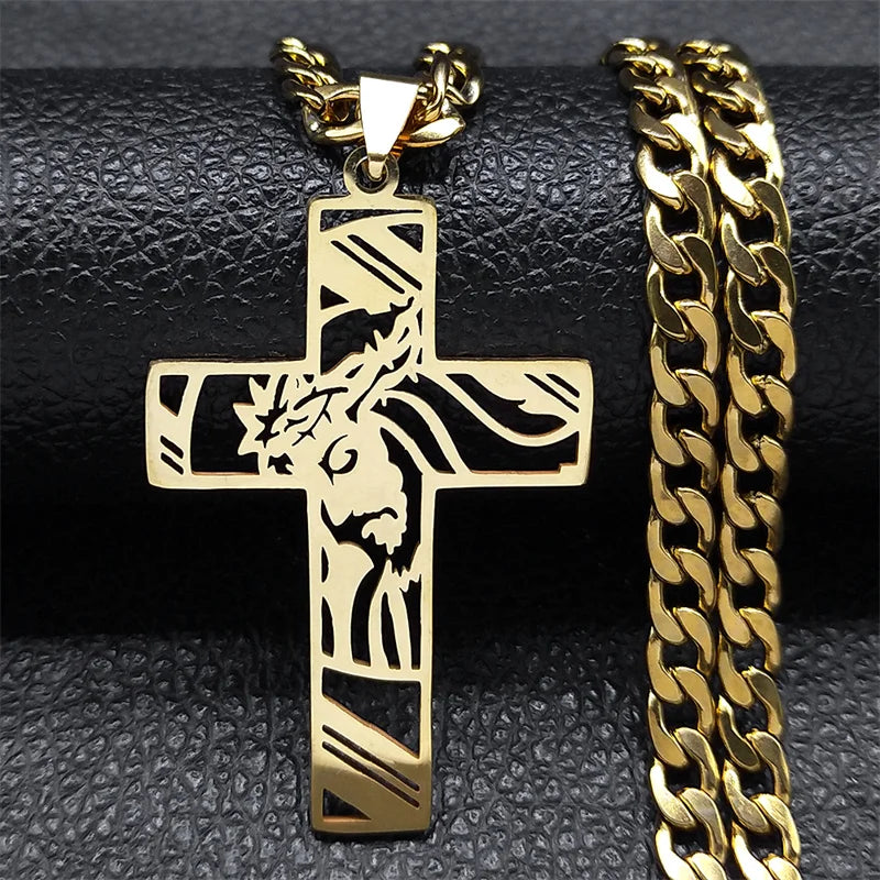 Gold-tone Crown of Thorns Jesus cross pendant with a gold curb chain on black leather