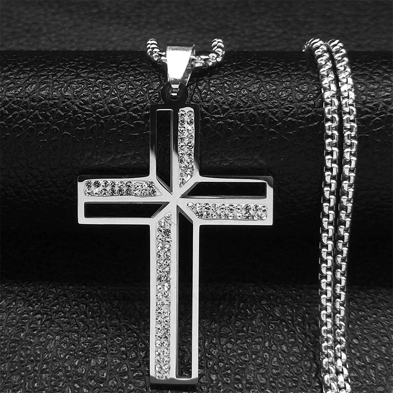 Silver cross necklace with crystal accents and box chain for men