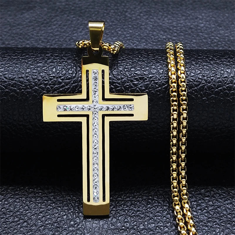 Gold cross pendant with crystal center row and box chain necklace