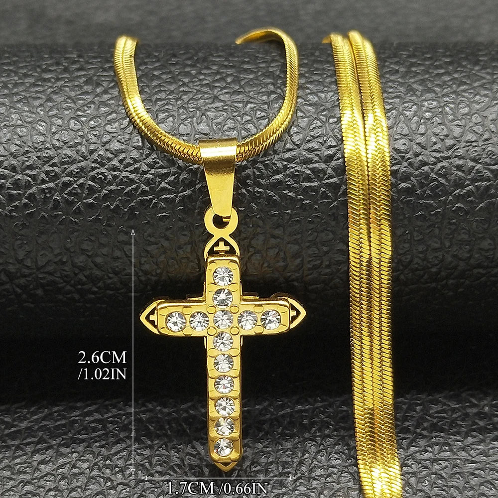 Gold crystal cross pendant 1 inch with flat gold snake chain necklace
