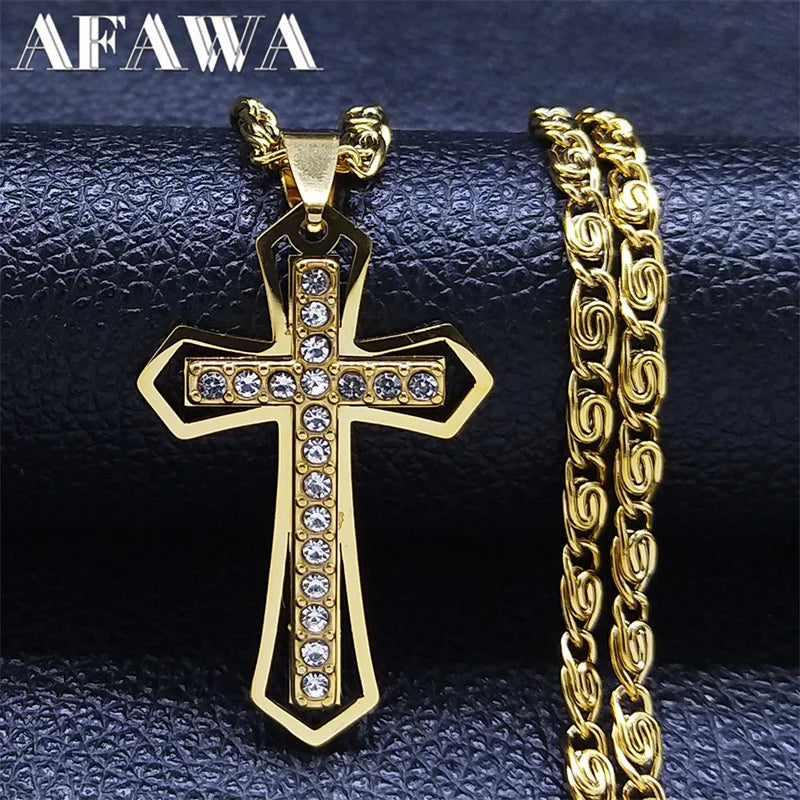 Gold stainless steel Catholic cross pendant necklace with crystal accents