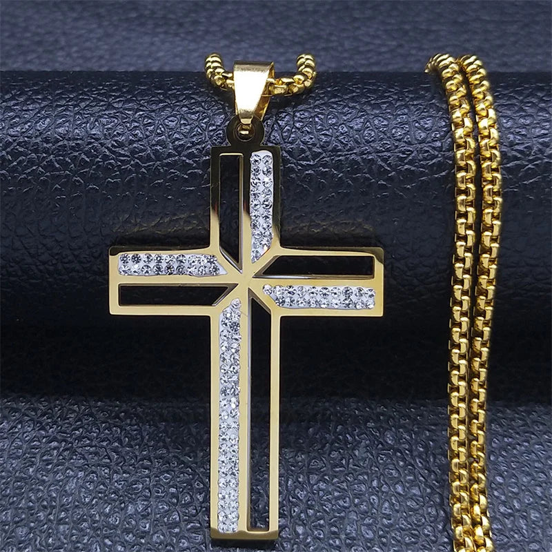 Gold cross pendant with clear crystal stones on a gold box chain