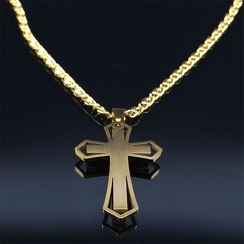 Gold and black Catholic cross pendant on a thick gold chain necklace