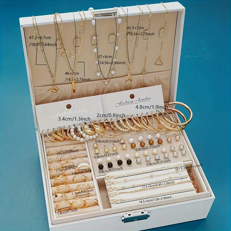 Size chart with necklace, earring and ring measurements in inches and cm for the 86 piece jewelry set