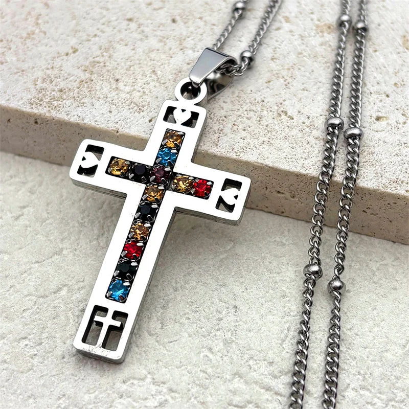 Silver stainless steel cross necklace with multicolor crystal stones