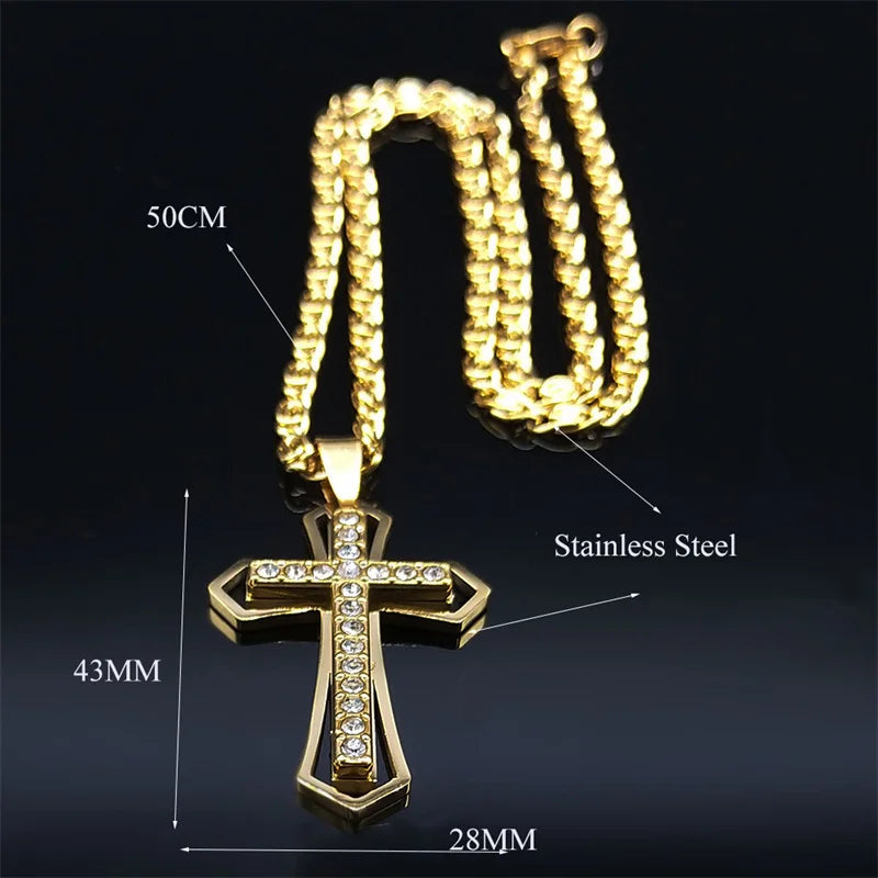 Gold stainless steel cross necklace size guide with 20 inch chain and 1.7 inch pendant