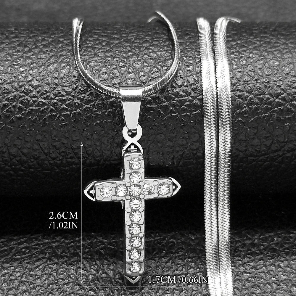 Silver crystal cross pendant 1 inch size with flat silver snake chain