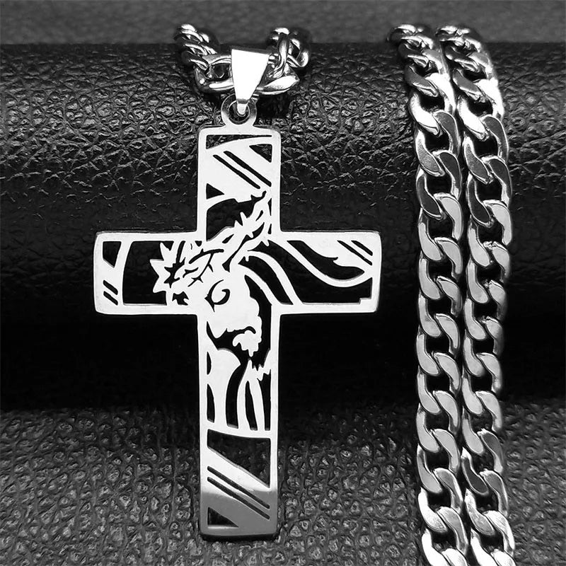 Silver-tone Crown of Thorns Jesus cross pendant with a silver curb chain on black leather