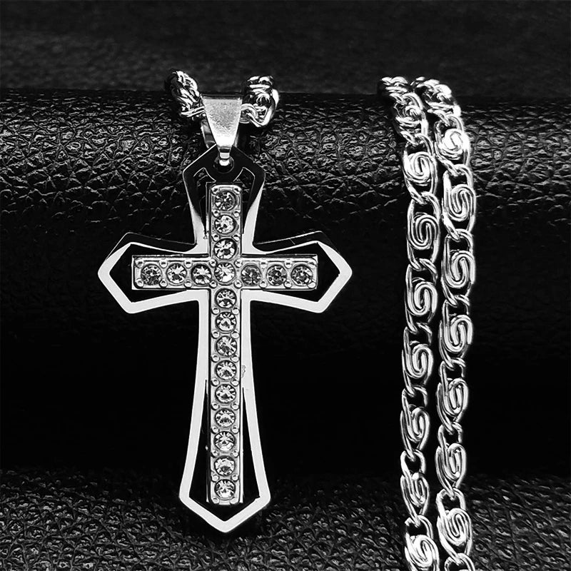 Silver crystal cross pendant with matching silver byzantine chain necklace