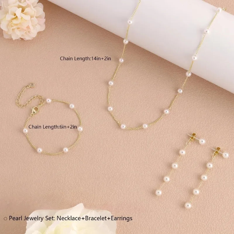 Pearl jewelry set sizes: 14 in necklace, 6 in bracelet and pearl drop earrings