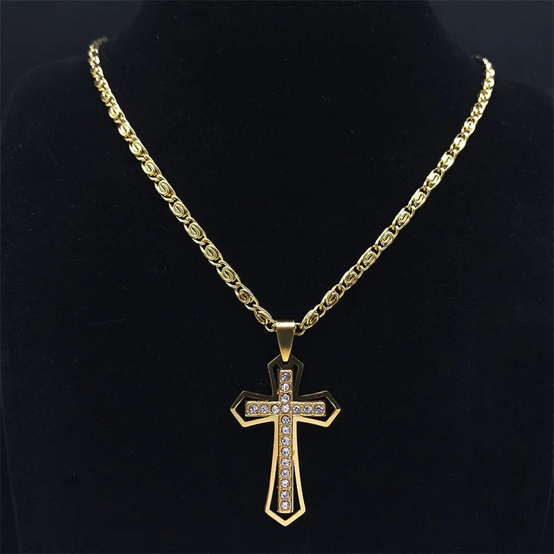 Gold cross necklace with crystal stones on a byzantine link chain
