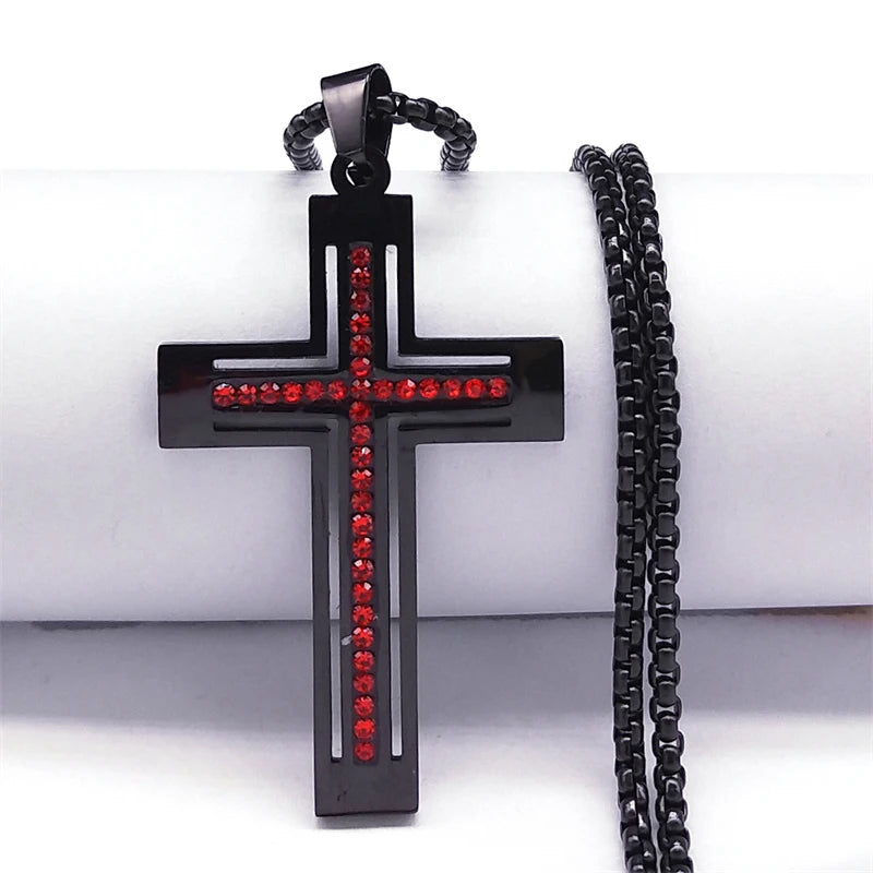 Black cross pendant necklace with red crystal stones and black box chain