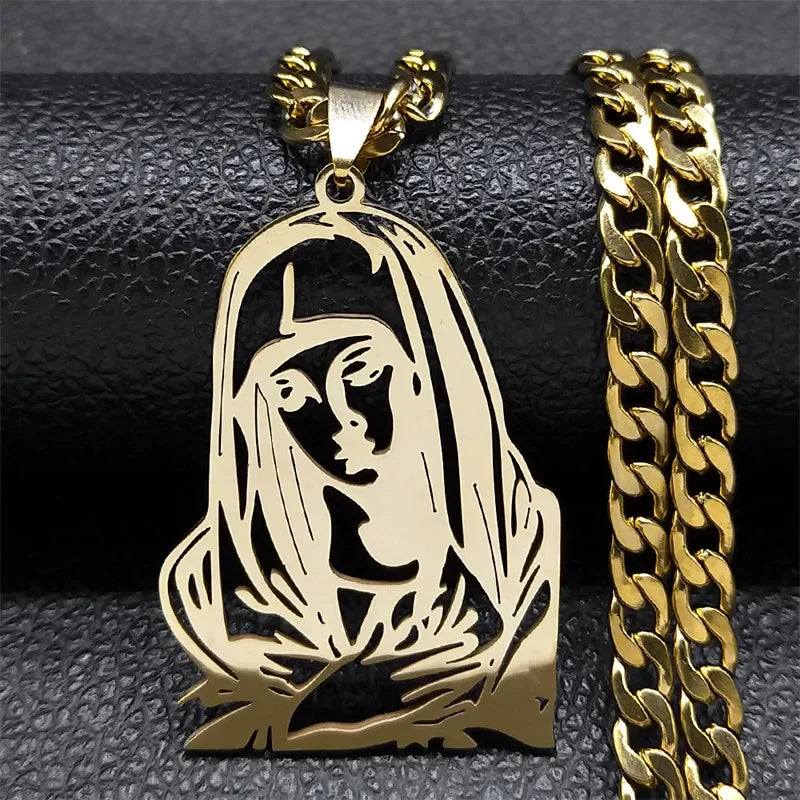 Gold-tone veiled Virgin Mary pendant shown beside a gold curb chain
