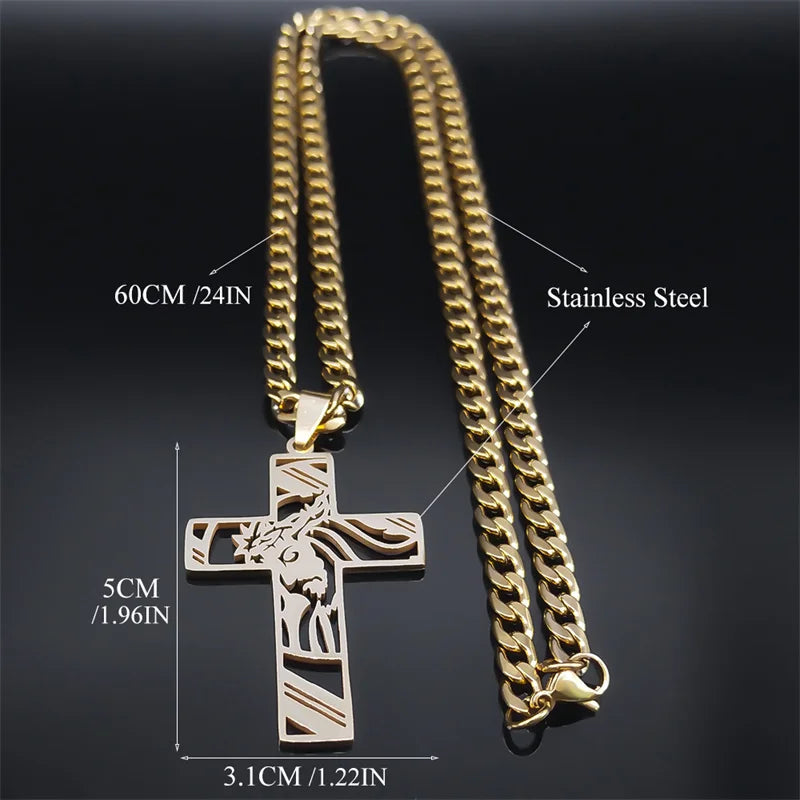 Size guide showing a 60 cm / 24 in stainless steel curb chain and a 5 cm by 3.1 cm cross pendant