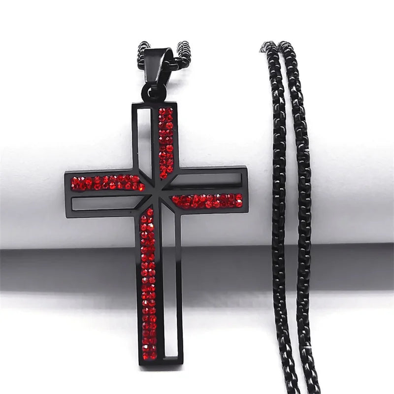 Black cross pendant with red crystals and black chain necklace for men