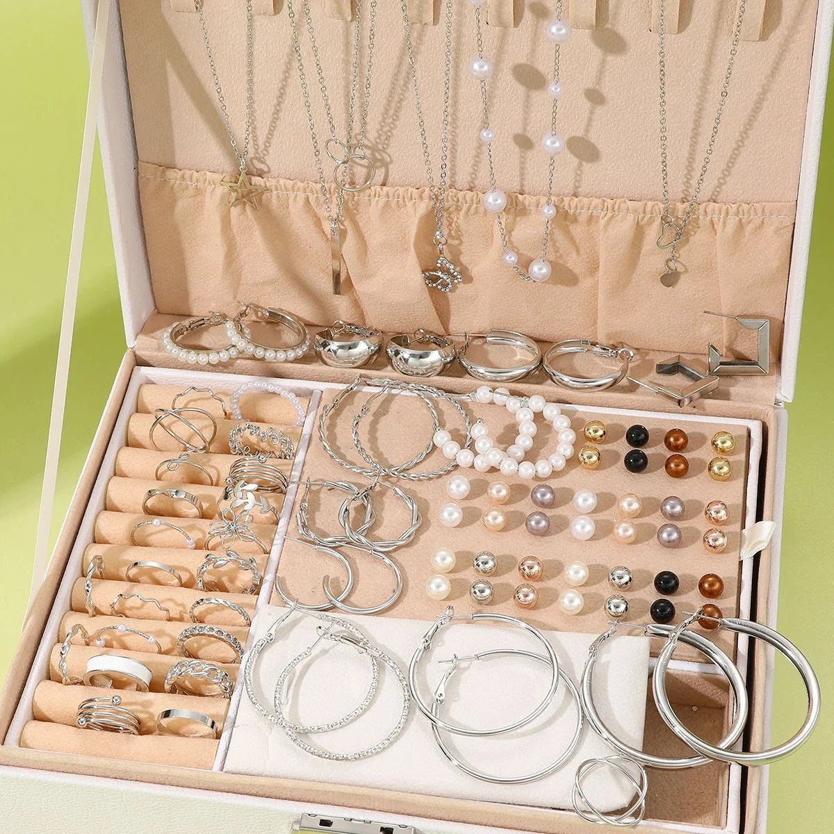 86 pcs silver jewelry set for women with pearl earrings, hoops, rings, bracelets and necklaces