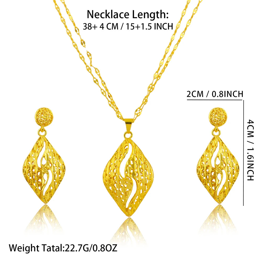 Measurement chart for gold plated necklace and earrings set in inches