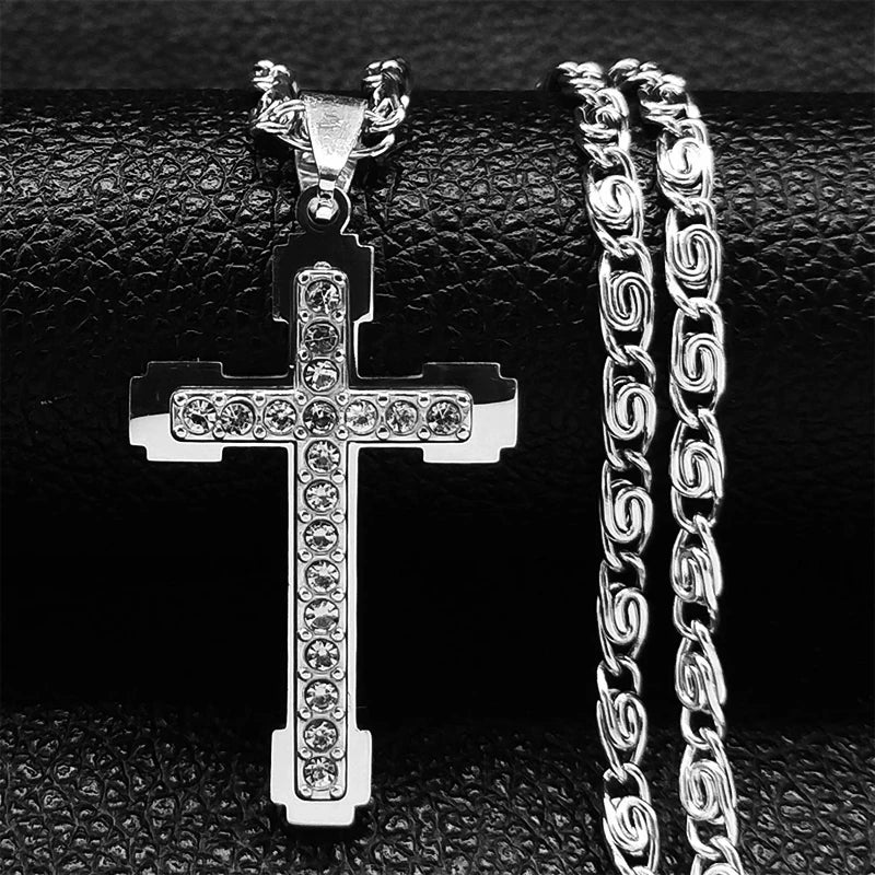 Silver cross pendant with crystals and a stainless steel byzantine chain