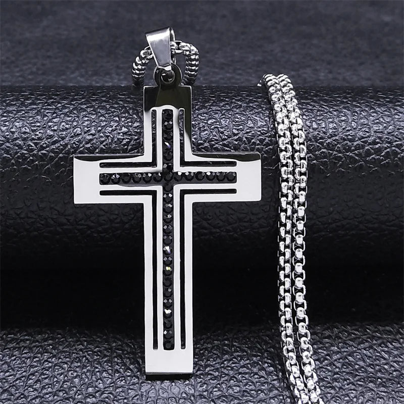 Silver cross pendant with black crystal stones and silver box chain
