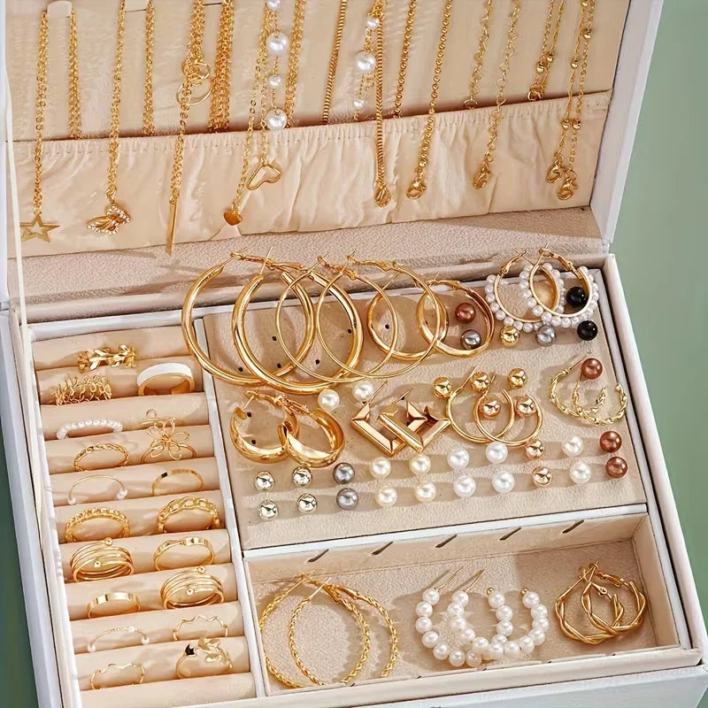 Full 86 piece womens jewelry set with gold necklaces, earrings, rings and bracelets