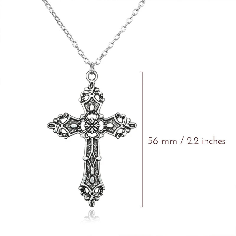 Size guide showing the silver gothic cross pendant measuring 56 mm or 2.2 inches tall