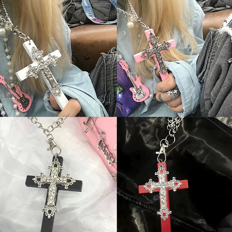 Four photo collage of the gothic cross pendant necklace styled with denim, black and pink outfits
