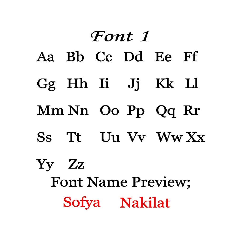 Font 1 alphabet chart for name necklaces, a classic block serif with Sofya and Nakilat previews