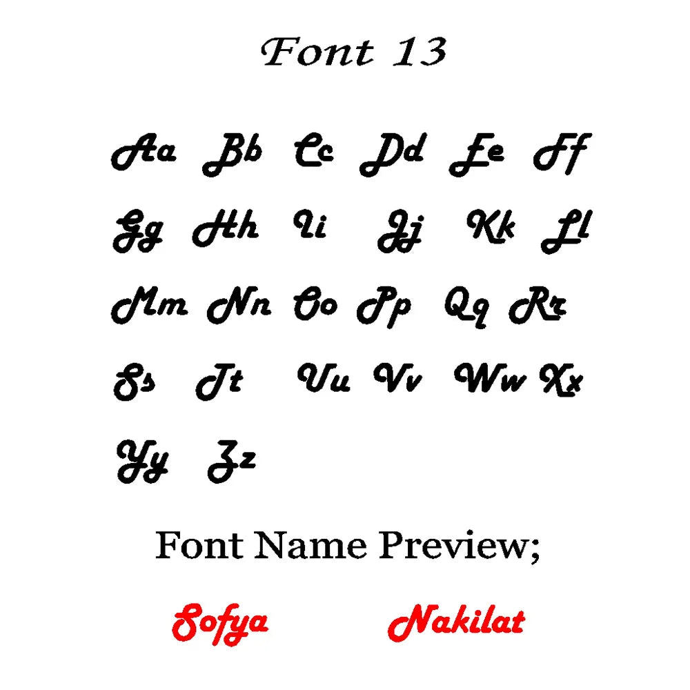 Font 13 alphabet chart for name necklaces, a bold cursive style with Sofya and Nakilat previews