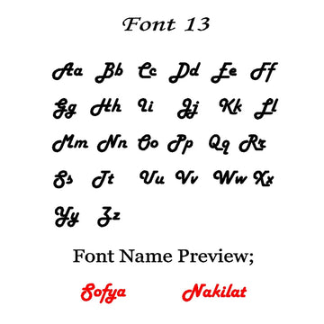 Font 13 alphabet chart for name necklaces, a bold cursive style with Sofya and Nakilat previews