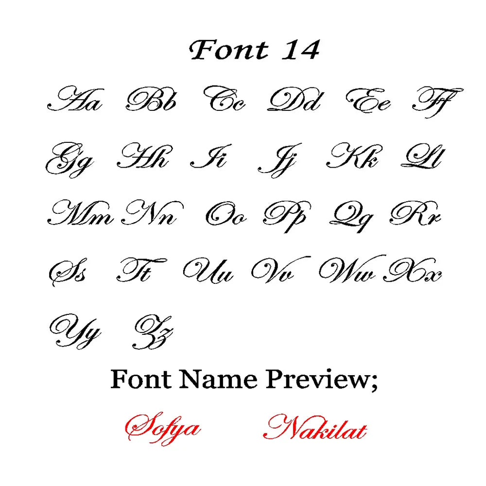 Font 14 alphabet chart for name necklaces, a calligraphic style with Sofya and Nakilat previews