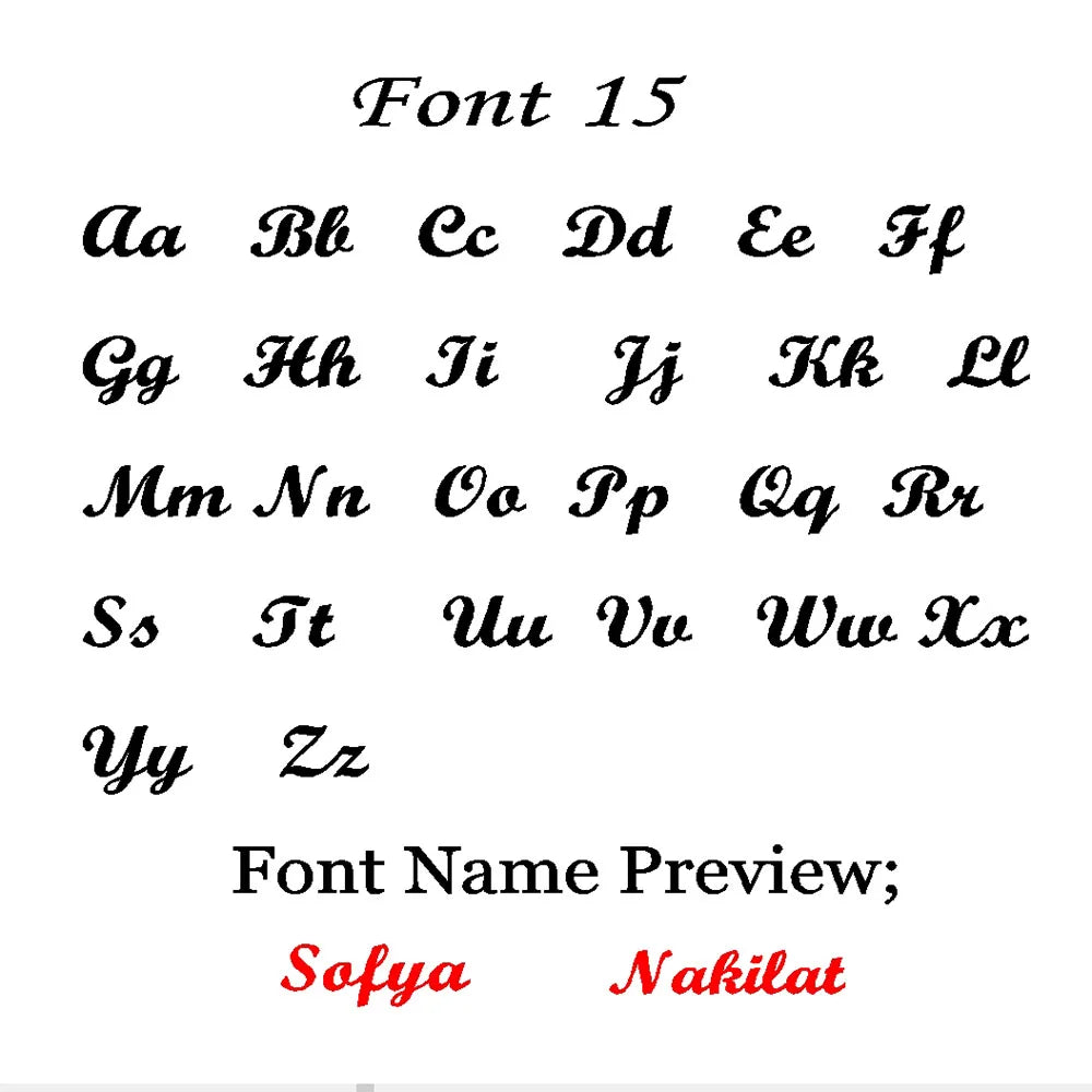 Font 15 alphabet chart for name necklaces, a rounded script style with Sofya and Nakilat previews