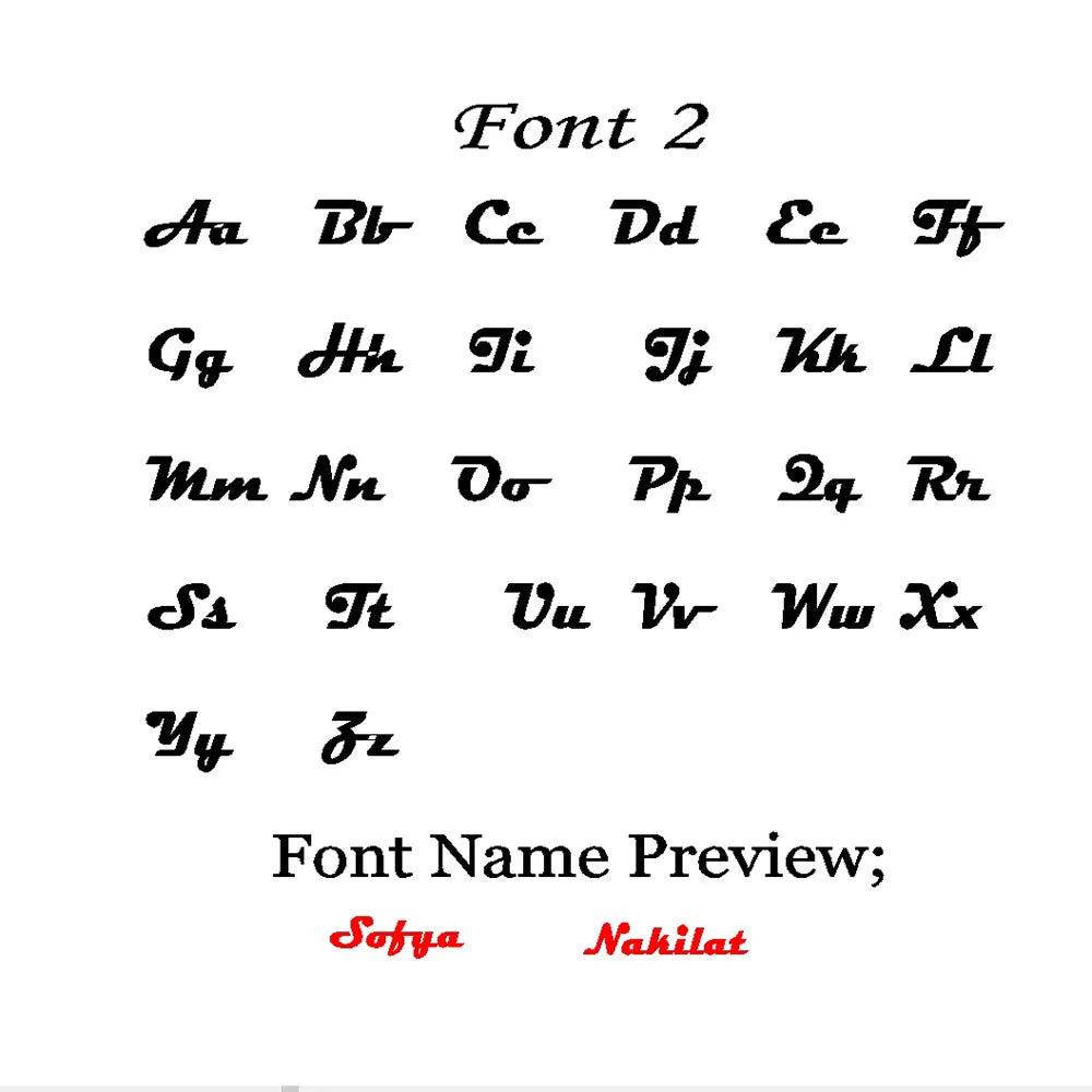 Font 2 alphabet chart for name necklaces, a bold cursive style with Sofya and Nakilat previews