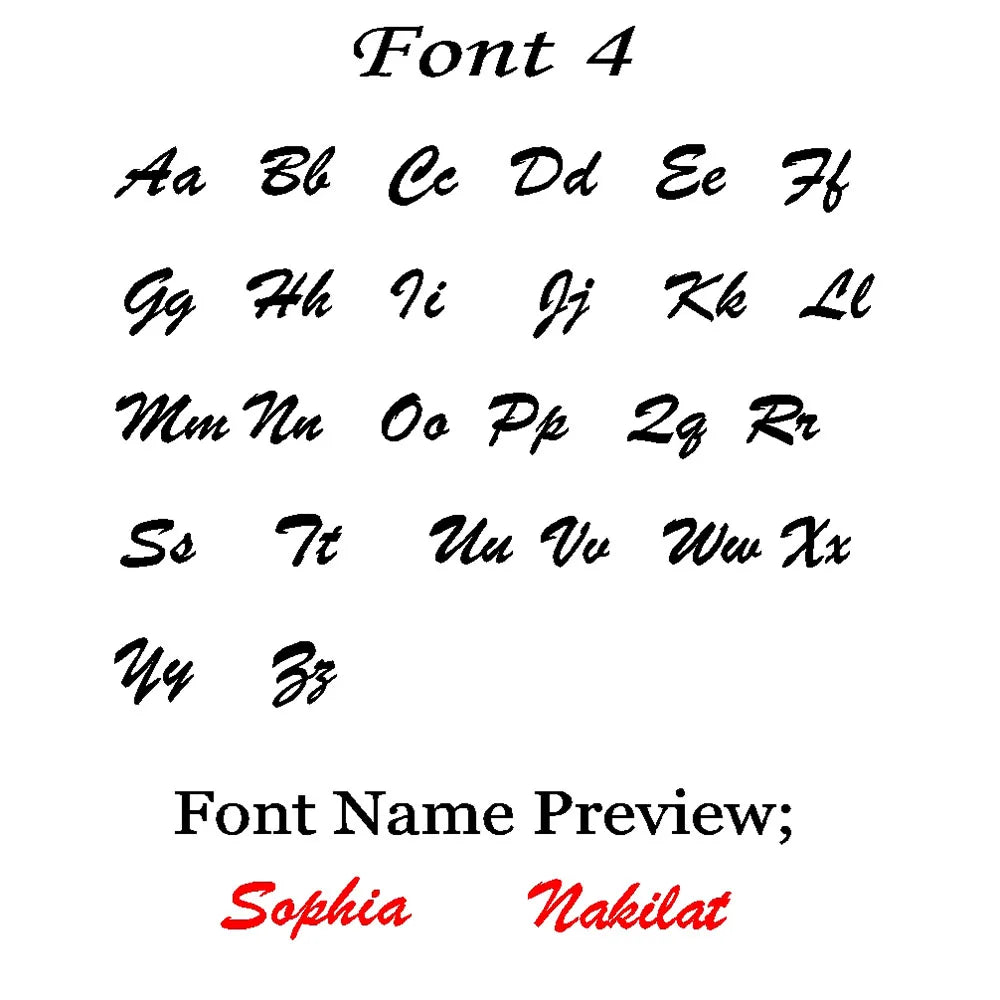 Font 4 alphabet chart for name necklaces, a bold script style with Sophia and Nakilat previews