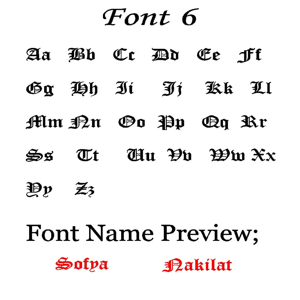 Font 6 alphabet chart for name necklaces, a blackletter style with Sofya and Nakilat previews