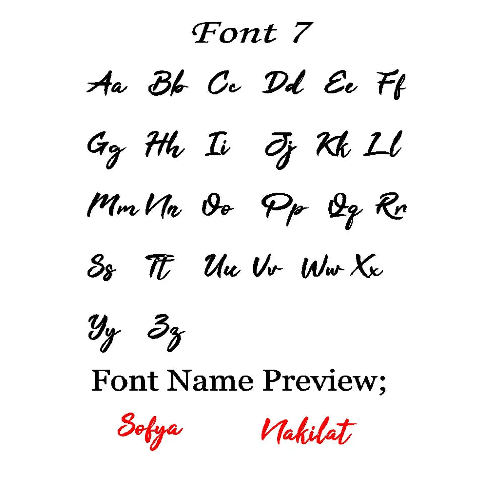 Font 7 alphabet chart for name necklaces, a modern brush script with Sofya and Nakilat previews