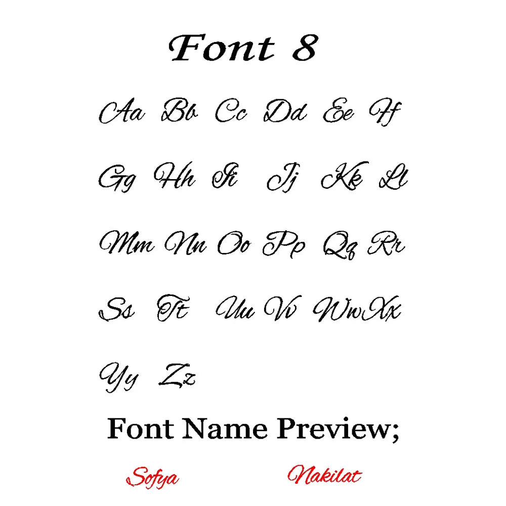 Font 8 alphabet chart for name necklaces, a flowing cursive style with Sofya and Nakilat previews