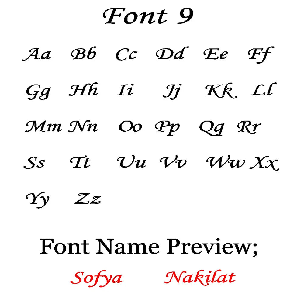 Font 9 alphabet chart for name necklaces, an italic serif style with Sofya and Nakilat previews
