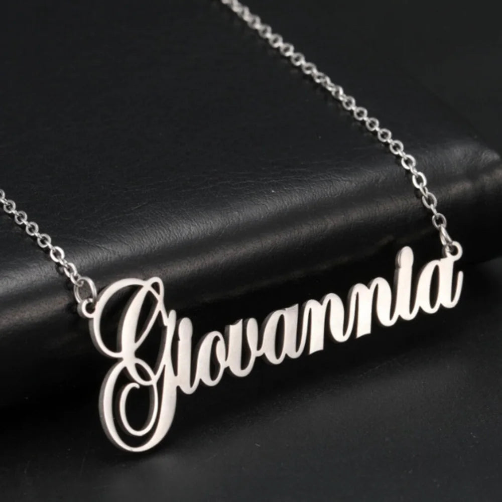 Steel-finish stainless steel name necklace personalized with the name Giovanna on black leather