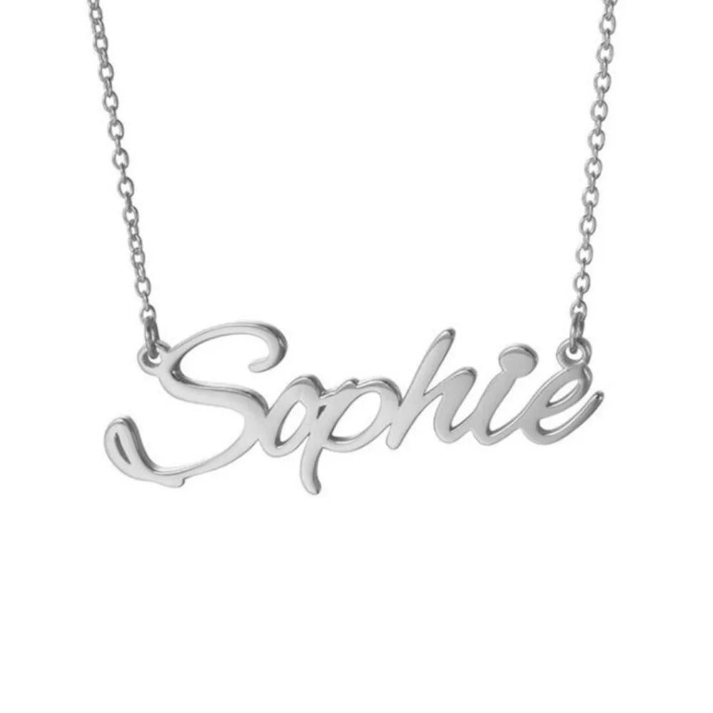 Steel-finish name necklace spelling Sophie on a fine link chain against white